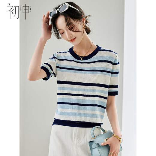 初申短袖T恤女时尚百搭圆领撞色条纹薄款针织冰丝上衣S144T1713