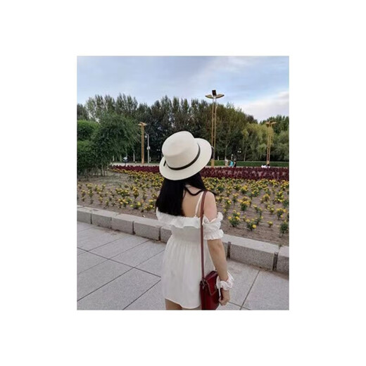 ALBINELE白色礼帽小香风赫本风复古夏天英伦法式优雅拍照帽子平顶名媛草帽 米色 可调节