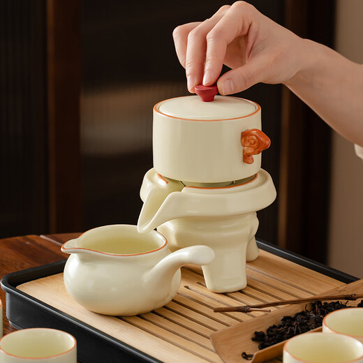 Home Relaxation Beige Ru Kiln Tea Set Home Light Luxury Lazy Tea Making Artifact Automatic Teapot Rotating Water Discharge 9-piece Set