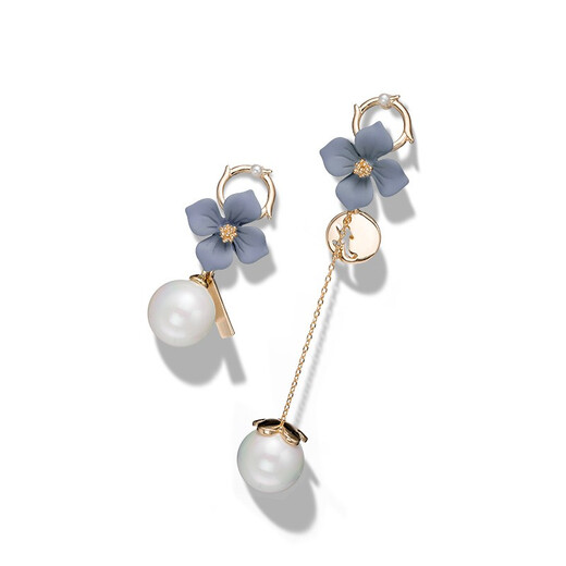 Women's asymmetrical pearl earrings for women, fashionable long tassel internet celebrity flower silver earrings for female students, sweet 925 silver needle earrings, ear wire earrings, gift for girlfriend, fresh blue