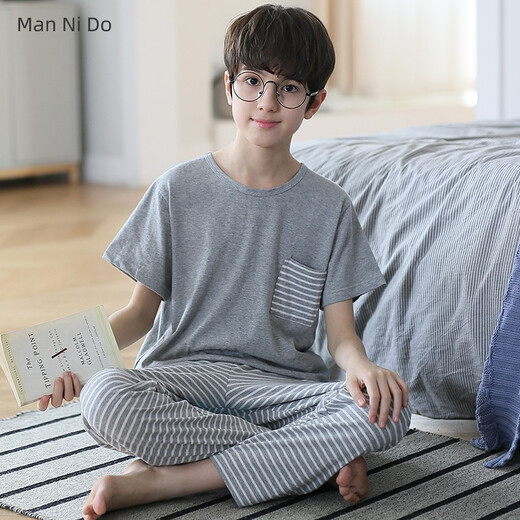曼妮朵儿童睡衣男童短袖长裤大童家居服夏青少年全棉男孩纯棉空调服套装 N9903【短长】 140 16码建议135-145cm