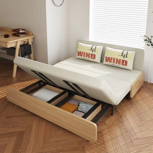 Mingfan sofa bed dual-purpose retractable bed multi-functional folding bed small apartment living room bedroom dual-purpose solid wood bed pull-out bed Khaki natural breathable fabric imported from Germany 150CM environmental protection ridge coconut palm mat