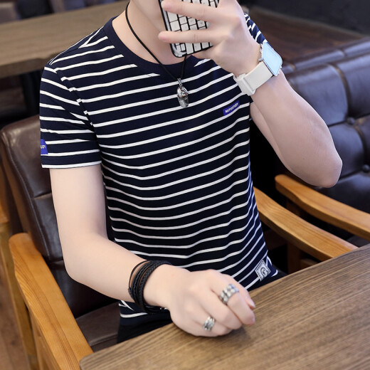 Dickian short-sleeved T-shirt men's summer round neck slim cotton men's T-shirt striped short-sleeved tops men's half-sleeved T-shirt blue XL