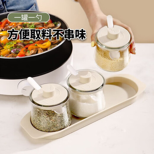 Xu Nian seasoning box set household kitchen seasoning jar combination multi-grid salt, MSG and pepper storage condiment seasoning jar, three pack + base + measuring spoon, sealed and moisture-proof