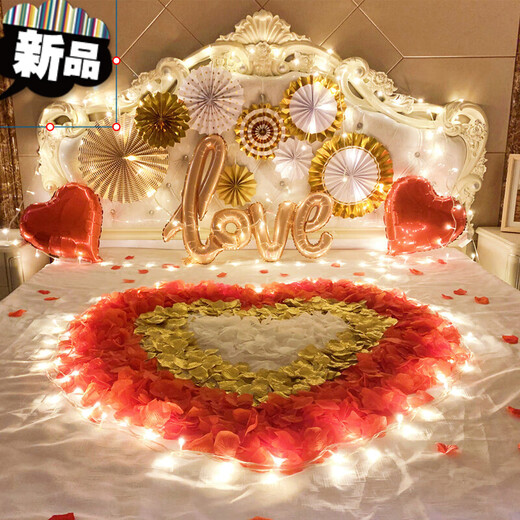 Decorate birthday scene for wife's room birthday, romantic Valentine's Day, rose petals, wedding room, confession and proposal, room bed decoration, romantic petal lantern package 1 (with 10-meter light string, pump + tape)