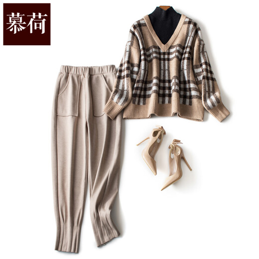 Muho Wool Suit Pants 2020 New Trendy Fashion Sweater Women's Two-piece Set Western Style Age-Reducing Pants Winter Apricot + Brown L