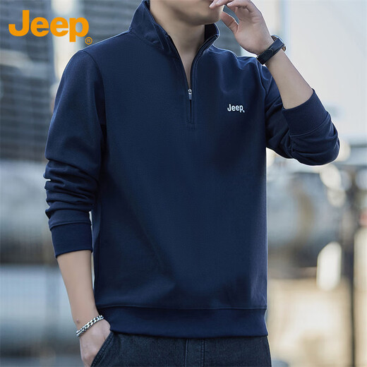 Jeep (JEEP) sweatshirt men's autumn and winter loose stand-up collar long-sleeved T-shirt men's heavy trend clothing men's navy blue 2XL