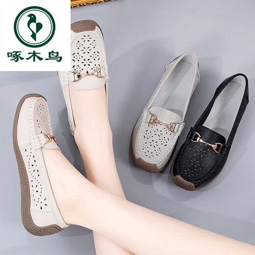 
Woodpecker leather bean shoes women's shoes summer sandals flat sole breathable hollow soft sole single shoes middle-aged and elderly comfortable mother shoes 826 beige single shoes 35