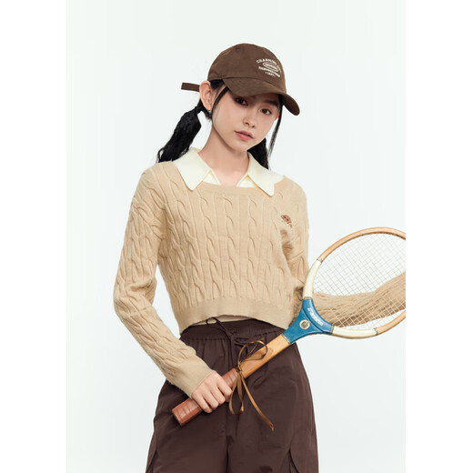 Zihan (ZIHAN) Zihan Round Neck Twist Short Knitted Sweater Contrast Color Vest Vest Two-piece Suit for Women Autumn Khaki XL