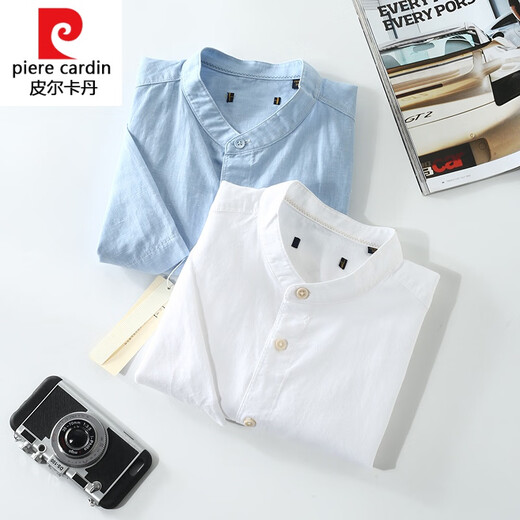 Pierre Cardin knitted high-count mercerized linen fabric cut-label Henry collar cotton and linen short-sleeved shirt for men's summer thin and breathable B3-0241 blue 38 90Jin Jin equals 0.5kg -110Jin Jin equals 0.5kg