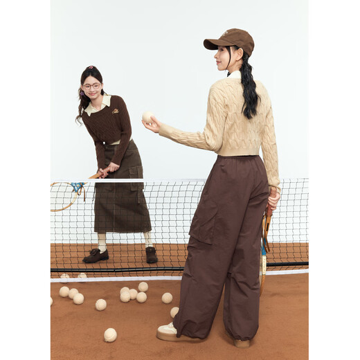 Zihan (ZIHAN) Zihan Round Neck Twist Short Knitted Sweater Contrast Color Vest Vest Two-piece Suit for Women Autumn Khaki XL