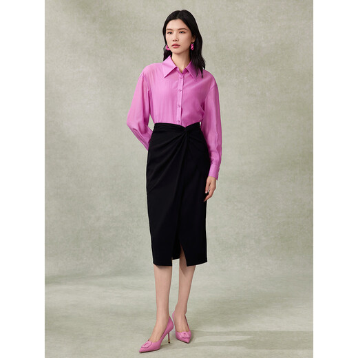 
Pink Blue Wardrobe 2024 Spring and Summer i New Tiansi Corrugated Cloud Smoke Gauze Loose Long Sleeve Shirt for Women 5A2C983 Morning Pink L