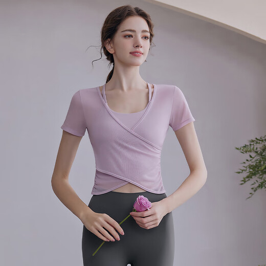 LULUUVTTOH yoga clothing tops for women in summer, high-end professional fitness clothing, Pilates suit, new style with chest pad, short-sleeved, hyacinth purple short-sleeved two-piece set, top + vest S