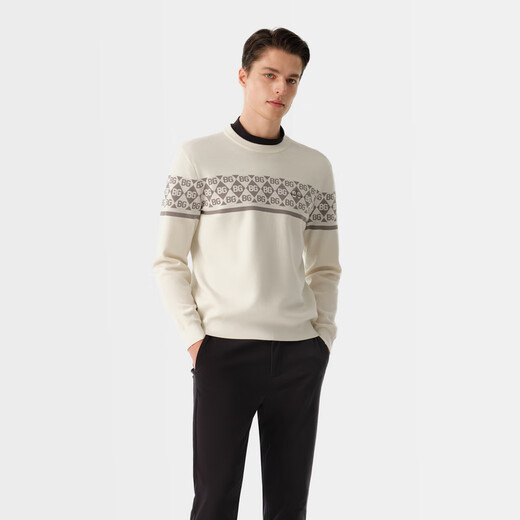 Biyinlefen 18-needle Australian wool autumn men's letter printed warm and skin-friendly round neck woolen sweater casual top for men 28 meters white L