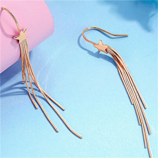 Haikayi light luxury 18k five-pointed star long tassel earrings for women rose gold ear hooks earrings star earrings slimming five-pointed star snake bone tassel ear hooks 1 pair - rose gold