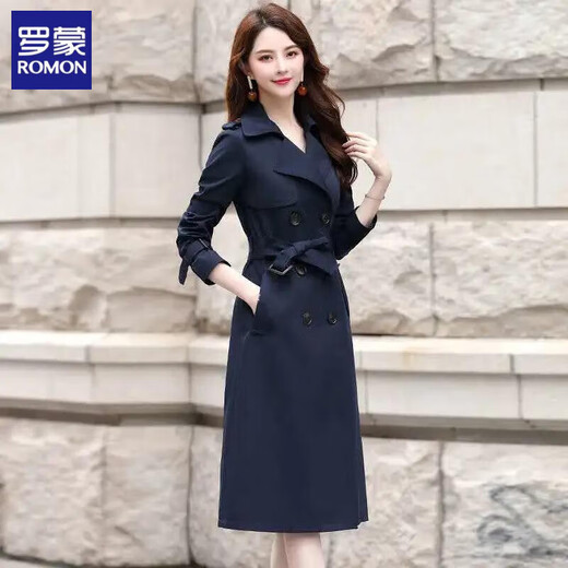 ROMON Lined Windbreaker Women's Mid-Length 2025 Autumn New Korean Style High-Quality Coat Women's Versatile Over-the-Knee Jacket Navy Lined L Recommended 116-130 Jin Jin equals 0.5 kg