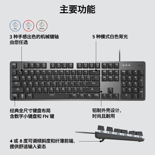罗技（Logitech）K845机械键盘 有线键盘家用游戏办公 104键发光全尺寸铝坨坨金属面板  游戏办公键鼠套装 K845红轴