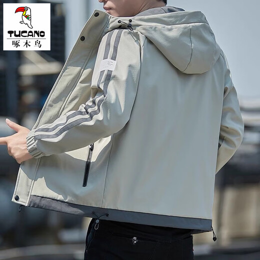 Woodpecker coat men's autumn and winter velvet thickening trendy loose casual sports tops men's versatile hooded jacket men's khaki XL recommended 130-155Jin Jin equals 0.5 kg