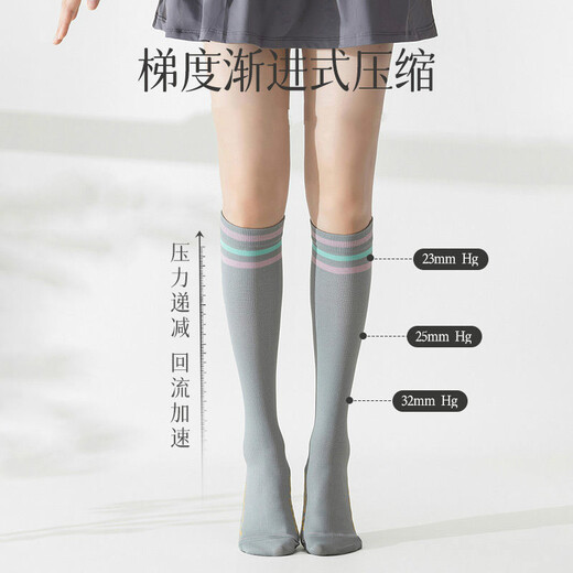 槿城 运动小腿袜子女春季专业健身肌能压缩压力跳绳跑步长筒袜WZ-701 双杠粉 单杠橙色【两双装】 均码