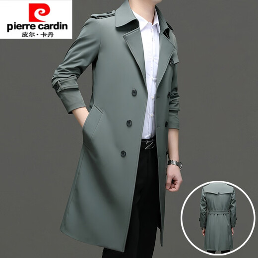 Pierre Cardin high-end high-end windbreaker men's knee-length long 2025 spring and autumn coat men's loose coat British style business men's wear pea green 180/XL