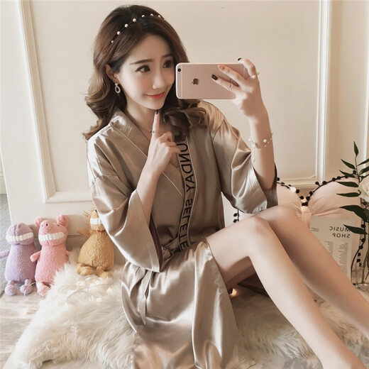 梦园朵睡衣女夏季冰薄浴衣睡袍系带睡性感女士短春秋网红家居服 9896蓝色 睡袍 M码(85-100斤)