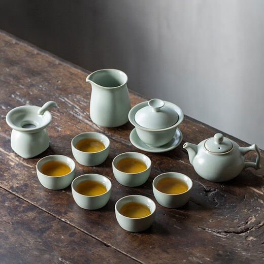 Rudao Ru Kiln Kung Fu Tea Set Covered Bowl Teapot Teacup Complete Set Ru Kiln Rare Open Slices Azure Retro Ceramic Household Tea Maker Gift Box Packaging Ru Kiln Square Ear Pot 11-pack Gift Box