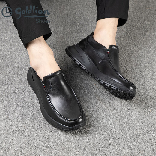 Goldlion Men's Shoes New Leather Toe Cowhide Business Casual Shoes Slip-On Lazy Shoes Flat Heel Thick-soled Loafers Black 40