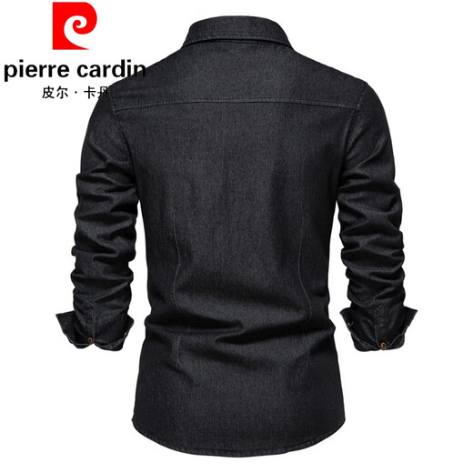 Pierre Cardin spring and autumn new slim denim lapel shirt American version trendy men's casual solid color jacket men's long-sleeved lining knitted navy XL