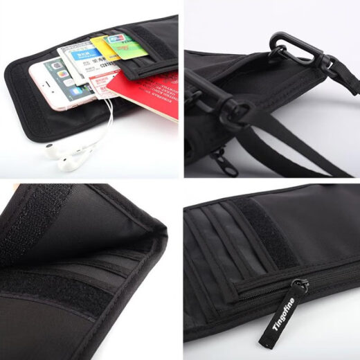 Anti-theft travel passport bag, multi-functional document storage bag, waterproof passport holder, RFID anti-scanning overseas halter bag, mobile phone bag, card bag, wallet bill holder, black anti-theft document bag