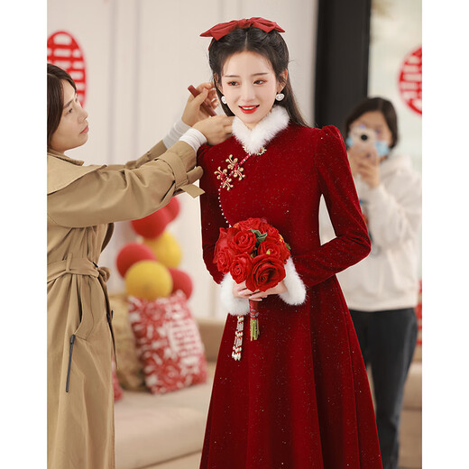 Lanka Roni Cheongsam Toast Wear Bride 2025 New Burgundy Winter Wedding Dress Women's Chinese Style Thick Style Engagement gs768 Burgundy Long Style M
