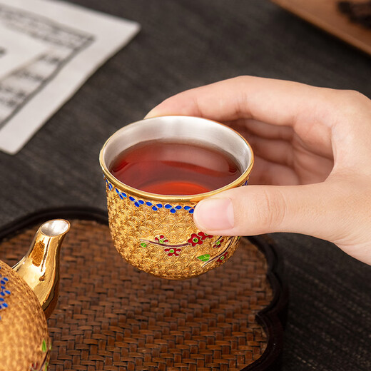 银器时代茶壶茶杯套装高端梅花纯手工掐丝景泰蓝整套茶具高档999纯银茶壶 一壶三杯695克+证书 4件