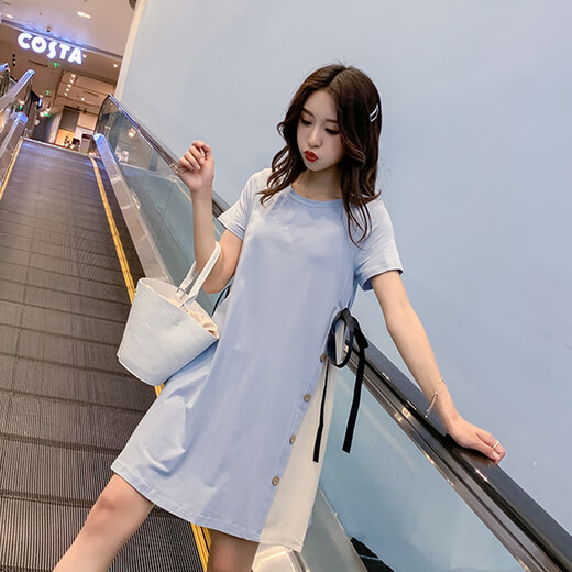 MAX WAY Women's 2019 Summer New Maternity Wear Summer Short-Sleeved Splicing Lace-up Dress MWYH961 Blue XL