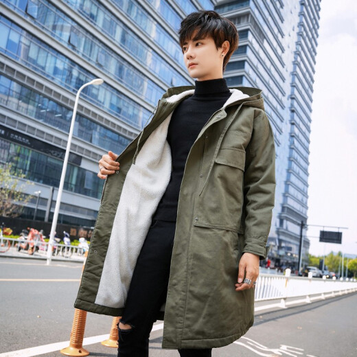 Men's trendy brand autumn and winter new men's lamb wool hooded mid-length plus velvet thickened warm windbreaker men's loose workwear cotton coats men's plus size military green XL