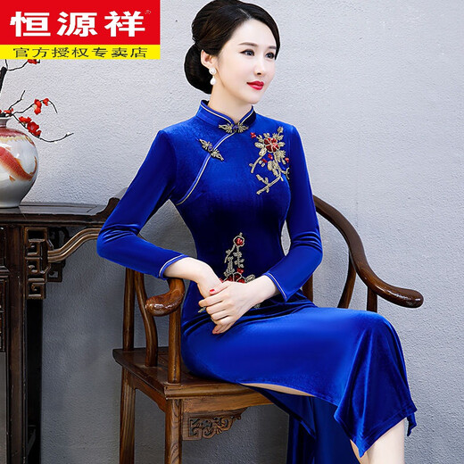 Hengyuanxiang brand Xi mother-in-law wedding long cheongsam 2025 new mother's wear retro Chinese style dress 40 years old to cover the belly, purple 2XL 105-115Jin Jin is equal to 0.5 kg