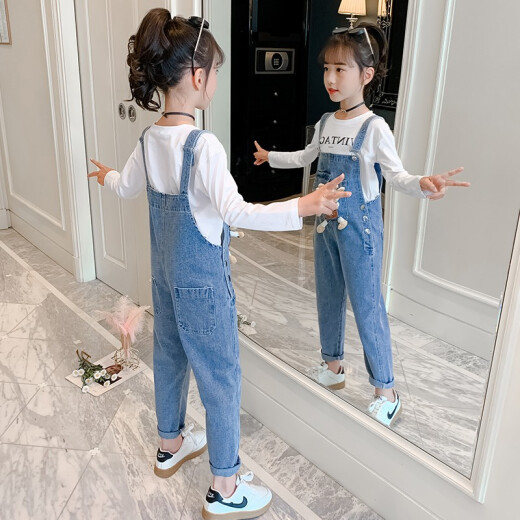 Trendy siblings children's clothing girls' suits autumn clothes 2021 autumn new Korean children's suits casual fashion T-shirt overalls little girl's stylish two-piece suit 3-15 years old blue 150 size (recommended height is about 1.4 meters)