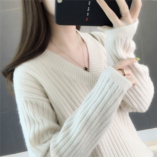 Markentsee 2020 winter fashion sweater women's pullover loose Korean style lazy style V-neck vertical striped sweater solid color top slimming T-shirt HCLM1927 yellow one size