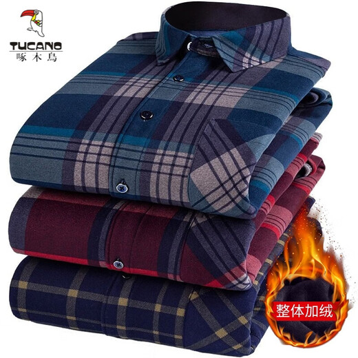 Woodpecker (TUCANO) winter warm shirt plus velvet and thickened men's long-sleeved shirt plaid printed velvet middle-aged and elderly dad's bottoming top 601 L
