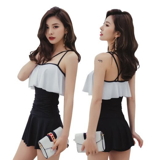 You swimsuit women's one-piece dress conservative belly-covering slimming swimsuit small breasts sexy push-up hot spring swimsuit 19418 black and white M (80-95Jin [Jin equals 0.5 kg])