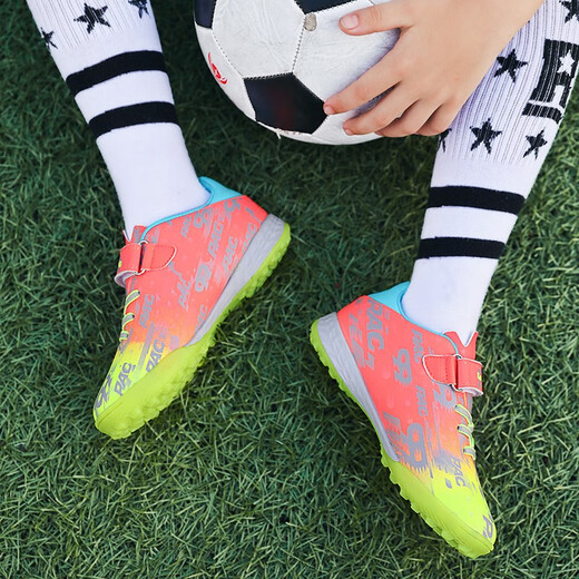 Tangcun football shoes for children tf broken nails Velcro for boys and girls professional primary school students training special size children's sneakers 6195 orange broken nails Velcro 31 standard sports shoes size