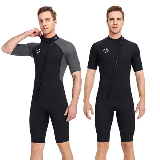 1.5mm men's short-sleeved one-piece swimsuit, women's warm 3MM snorkeling wetsuit, paddleboard surfing couple coach suit 1.5MM black and gray one-piece men's short-sleeved back zipper S
