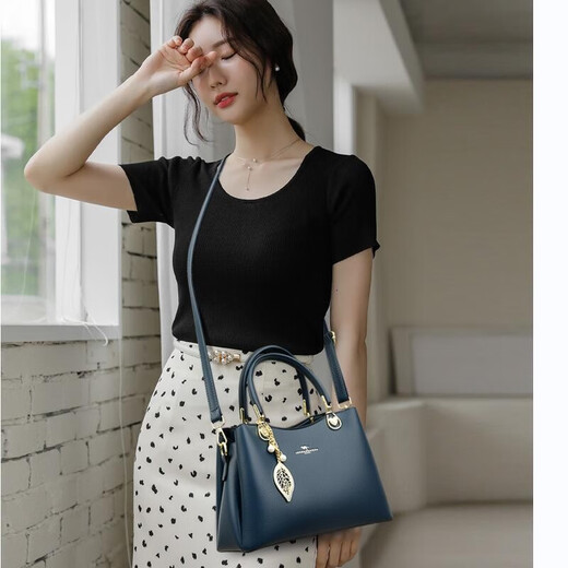 Kangaroo Kara brand genuine leather women's bag for holiday gift to mother cowhide bag for women 2025 new middle-aged ladies crossbody bag handbag dark blue (gift box + hand bag card bag pendant)