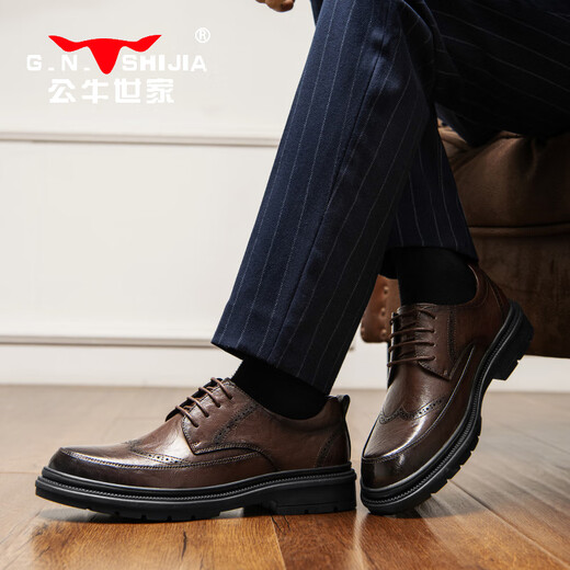 Bull Family Leather Shoes Men's 2025 Autumn and Winter New Brogue Carved Men's Shoes British Retro Business Formal Shoes Men's Casual