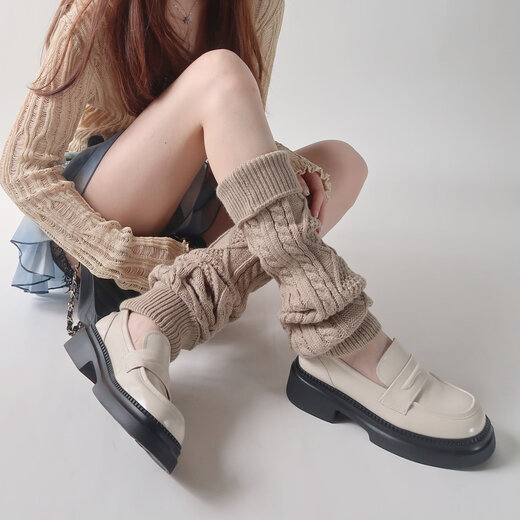 Qipao Japanese jk twist knitted cuffed socks Korean style black leg covers autumn and winter women's over-the-knee socks A39 coffee color 1 pair one size