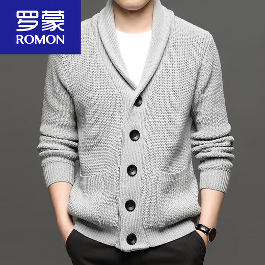 ROMON Spring and Autumn Green Fruit Collar Sweater Men's Loose Wool Knitted Cardigan Thick Line Thickened Lazy Jacket Trendy Dark Gray 165/M