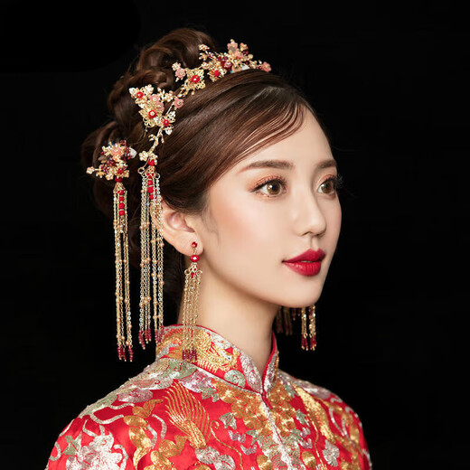 Xiuhe headdress simple and elegant red Chinese style bridal phoenix crown ancient costume Xiuhe clothing wedding accessories set + bracelet (default ear clip style) If you need ear hook style, please contact customer service