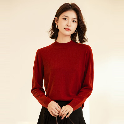 Hengyuanxiang 100 pure wool sweater for women autumn and winter new half turtleneck pullover sweater with bottoming solid color wool sweater for women Rouge M /165/88A
