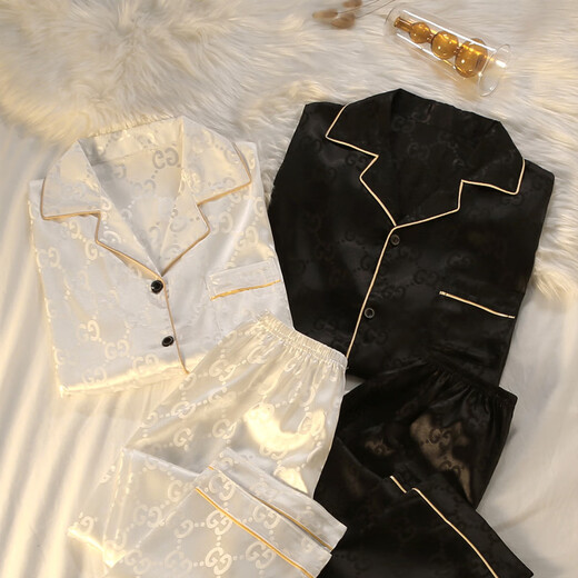 VALKIRIA couple pajamas for women in spring and autumn ice silk long-sleeved Internet celebrity checkered new large size men's home clothes set 736# jacquard checkered men's black and women's white male XL size recommended 120-140 Jin Jin equals 0.5 kg