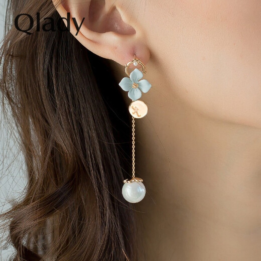 Women's asymmetrical pearl earrings for women, fashionable long tassel internet celebrity flower silver earrings for female students, sweet 925 silver needle earrings, ear wire earrings, gift for girlfriend, fresh blue