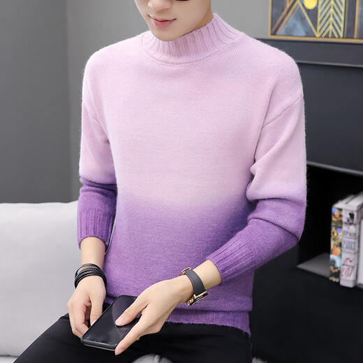 KIN DON Knitted Sweater Men's 2019 Autumn New Casual and Versatile Korean Style Trendy Brand High Neck Gradient Color Bottoming Shirt 1217-1- M5708 Pink 2XL