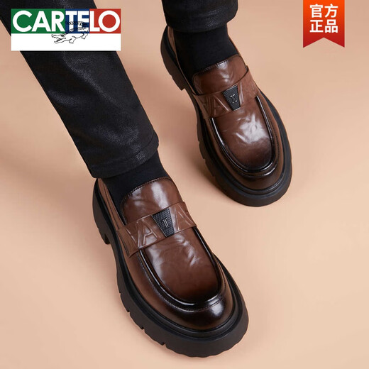 CARTELO new casual leather shoes for men, genuine leather, Korean version, trendy business thick sole, lightweight rubber foam sole, slip-on loafers, black 3H306 40